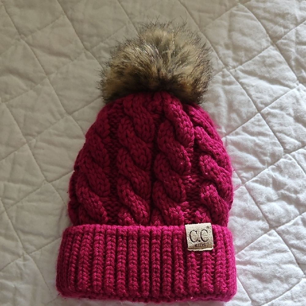 CC Kids Fuchsia Cable Knit Beanie with Faux Fur Pom-Pom